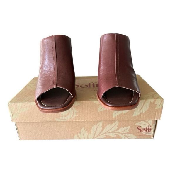 Sofft Safire Dark Red Italian Leather Open Toe Women’s Block Heel Mule Clogs 10 - Picture 3 of 10